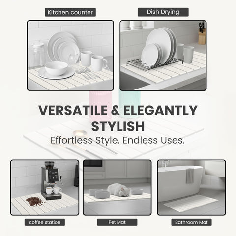STONITE foldable drying mat saves counter space when stored.