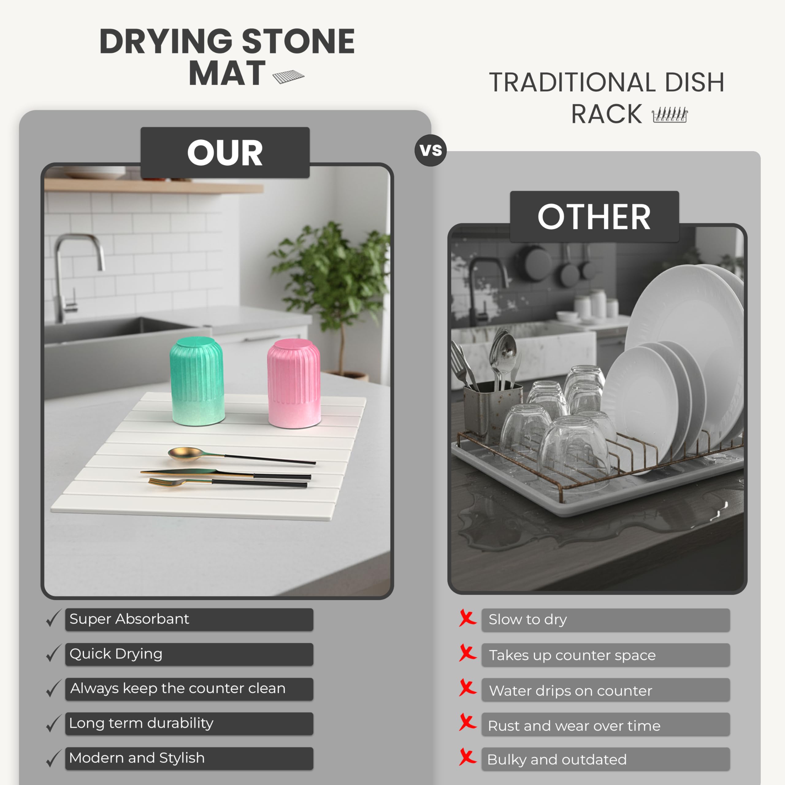 STONITE keeps kitchen counters tidy with a dedicated drying tray near the sink.
