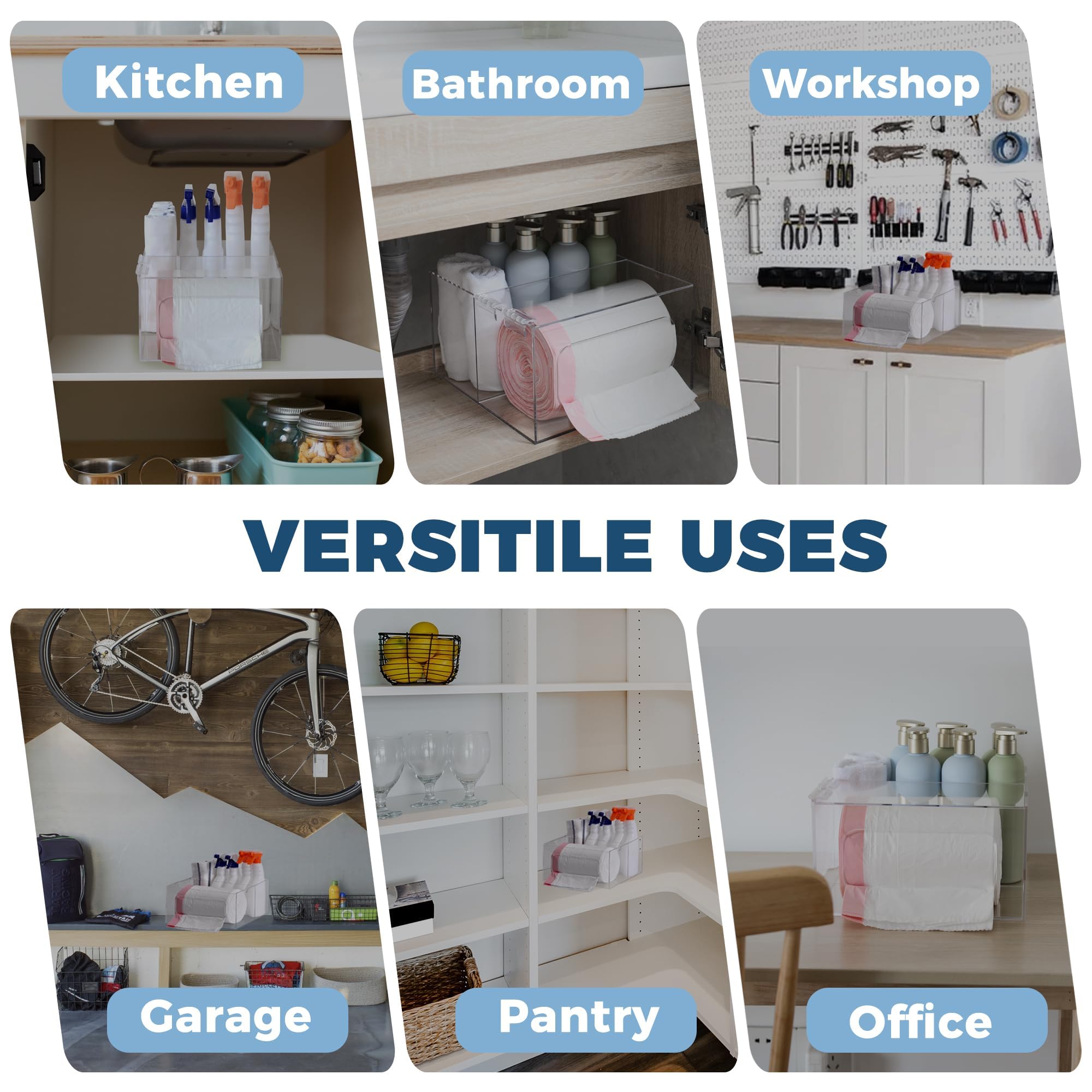 Storage Standard rubber bumpers stabilize under-sink placement for quick bag access