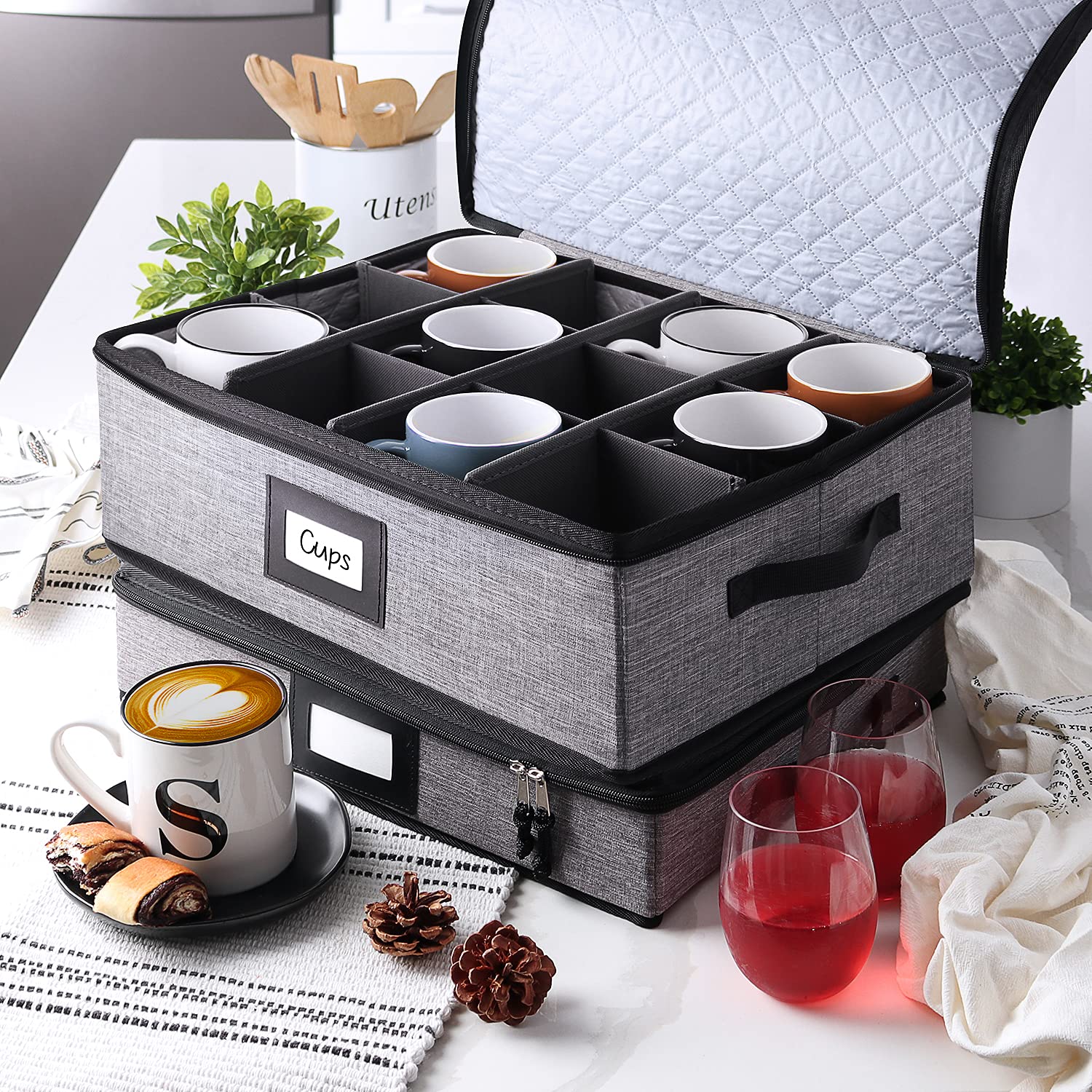 StorageBud hard shell container shields mugs during moving or seasonal storage.