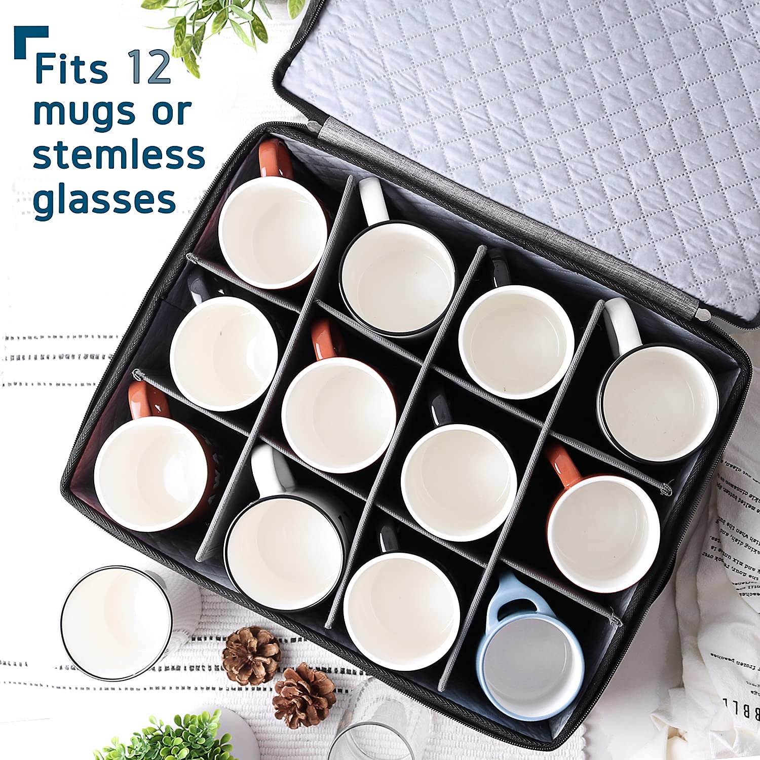 StorageBud quilted interior cushions mugs to prevent chips and scratches during transit.
