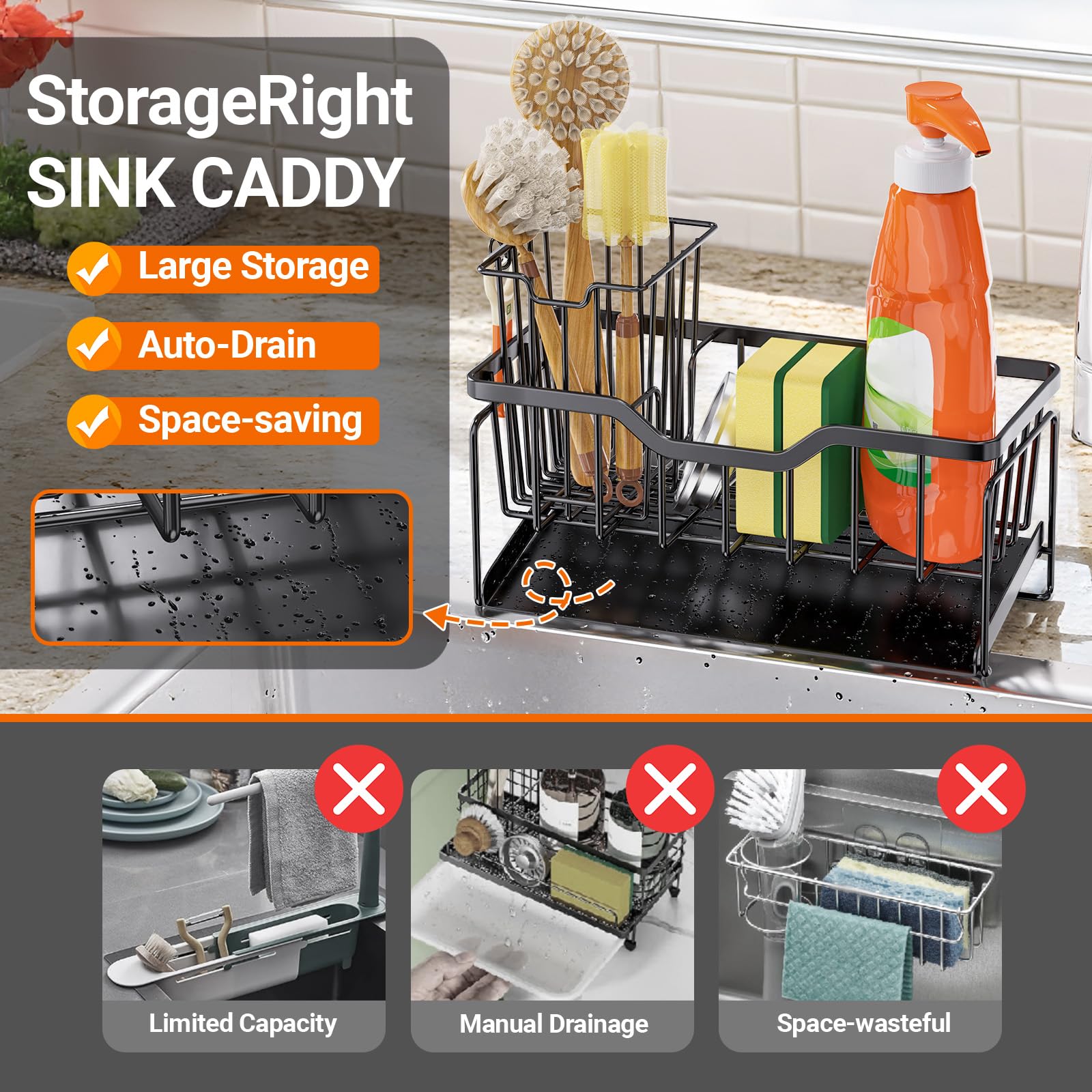 Storageright partitioned storage tray keeps brushes and sponges neatly separated.