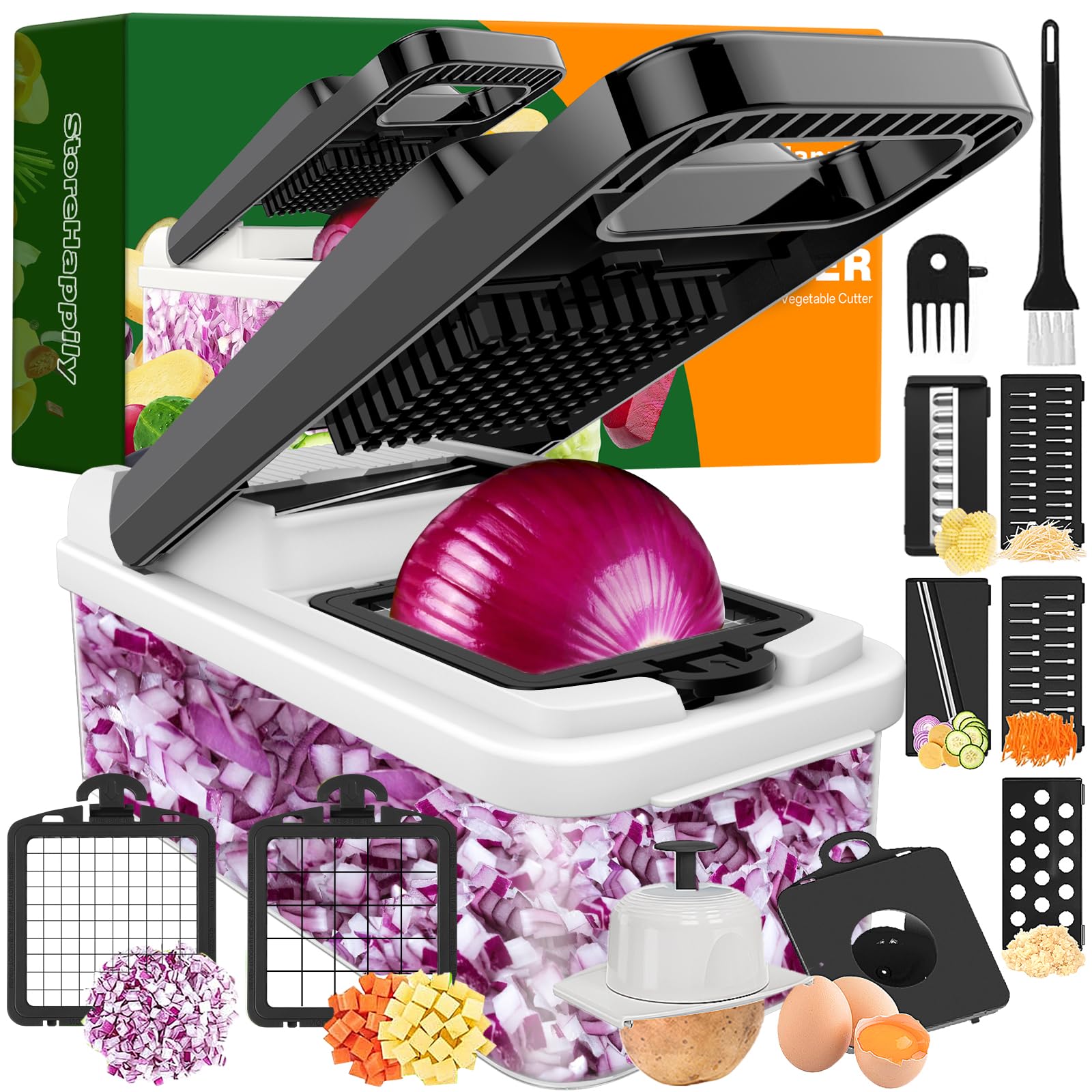 StoreHappily 12-in-1 vegetable chopper assembled for efficient meal prep.
