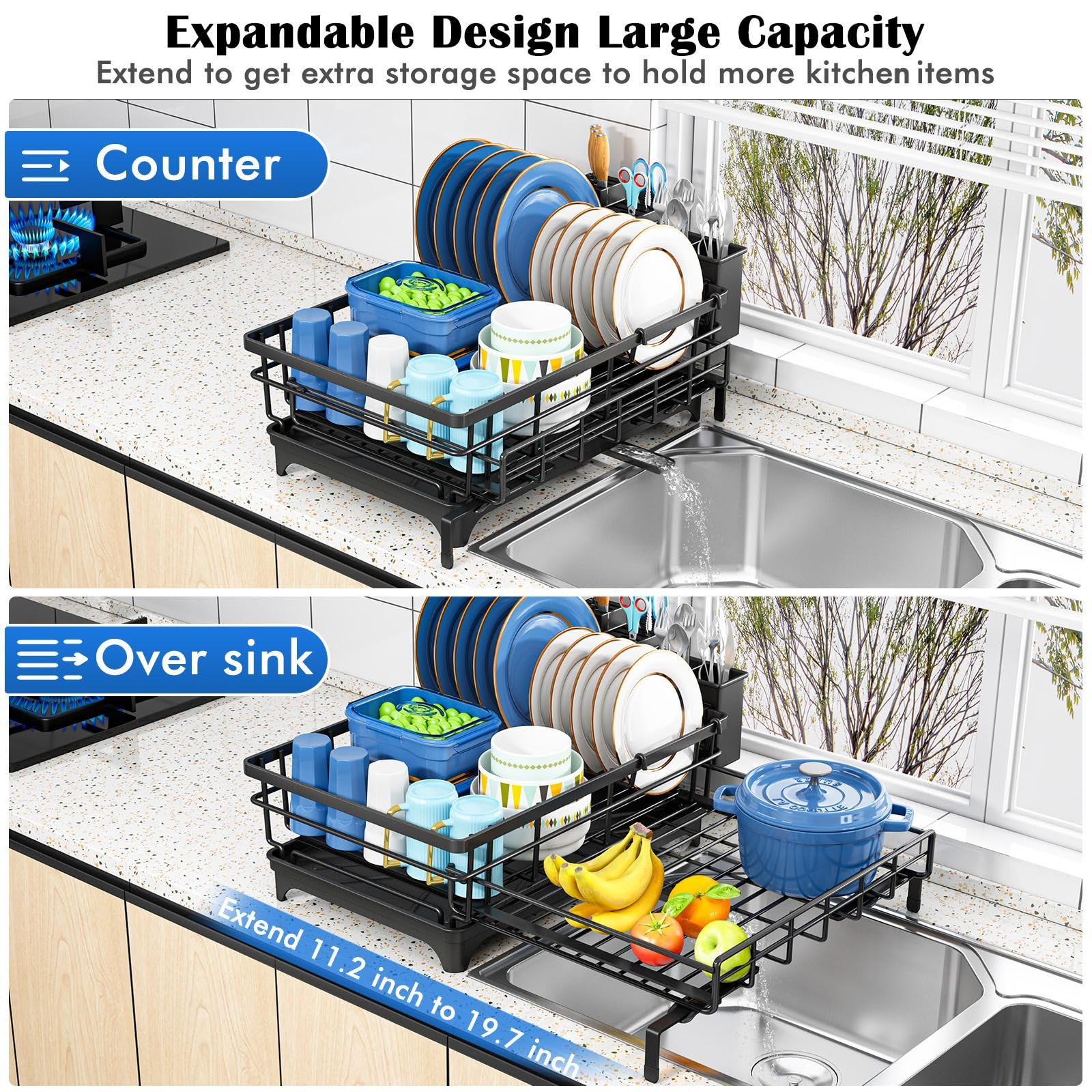 Storico dish rack with adjustable feet stabilizes on different sinks