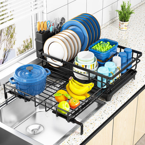 Storico large dish drying rack extendable over the sink keeps countertops clean