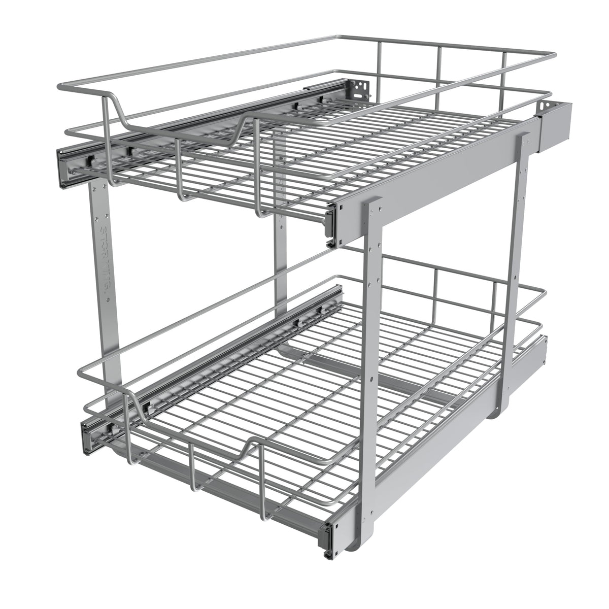 STORKING 2-tier pullout cabinet organizer with independent drawers for easy cookware access.