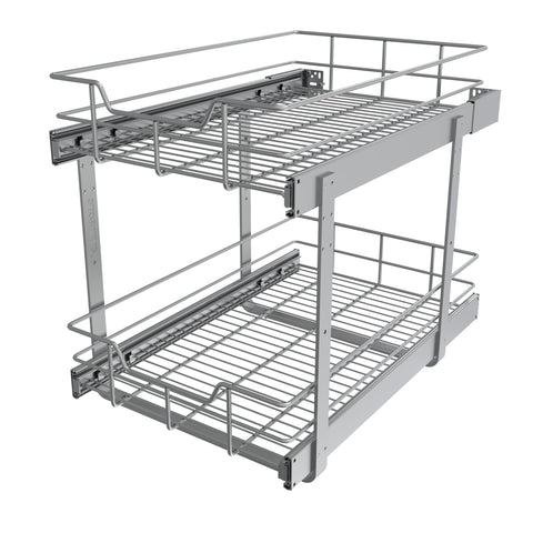 STORKING 2-tier pullout cabinet organizer with independent drawers for easy cookware access.