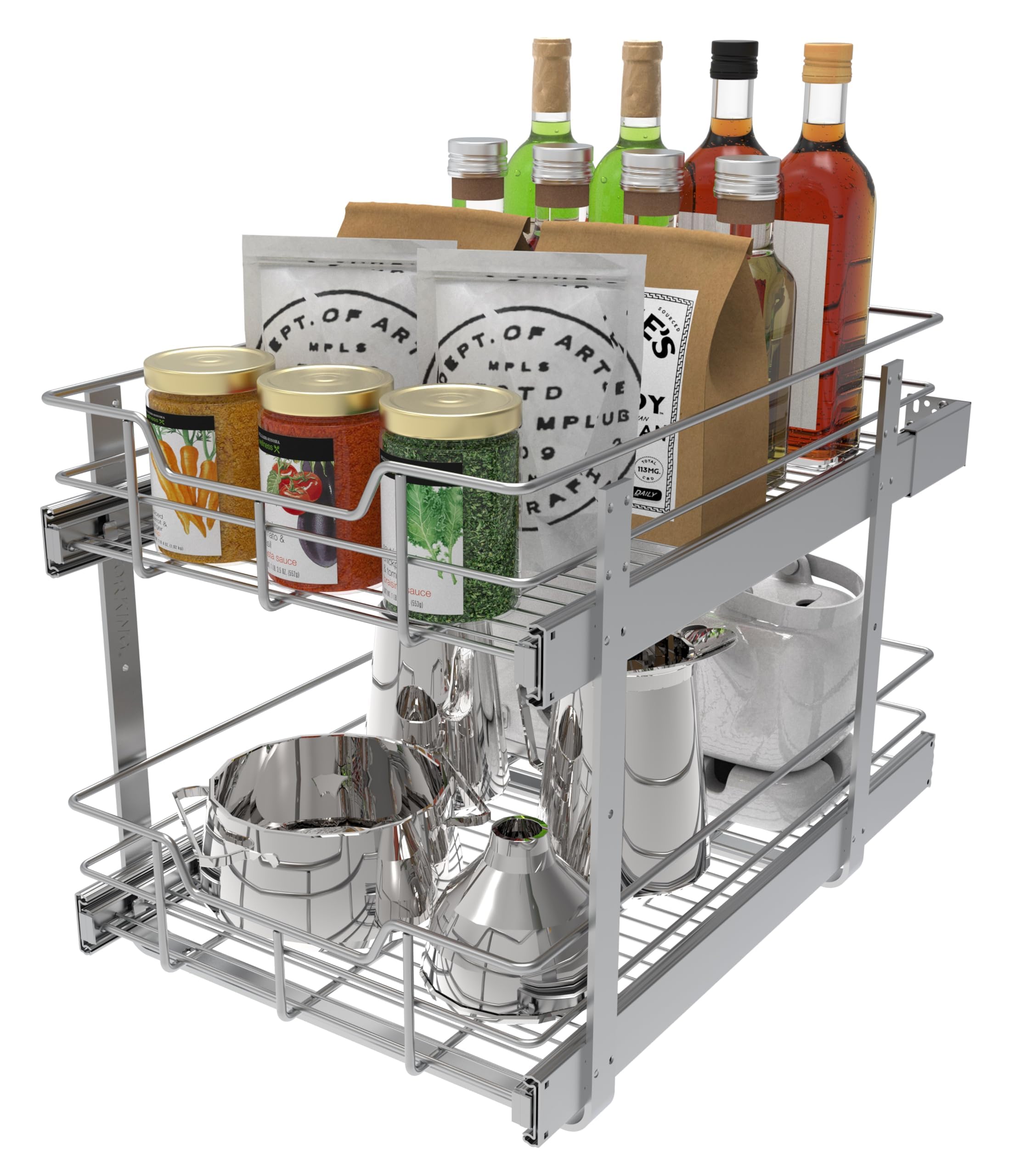 STORKING independent tiers slide out for organized spice jars and cookware.