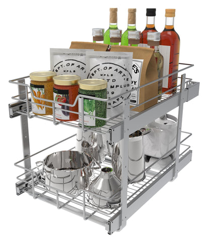 STORKING independent tiers slide out for organized spice jars and cookware.