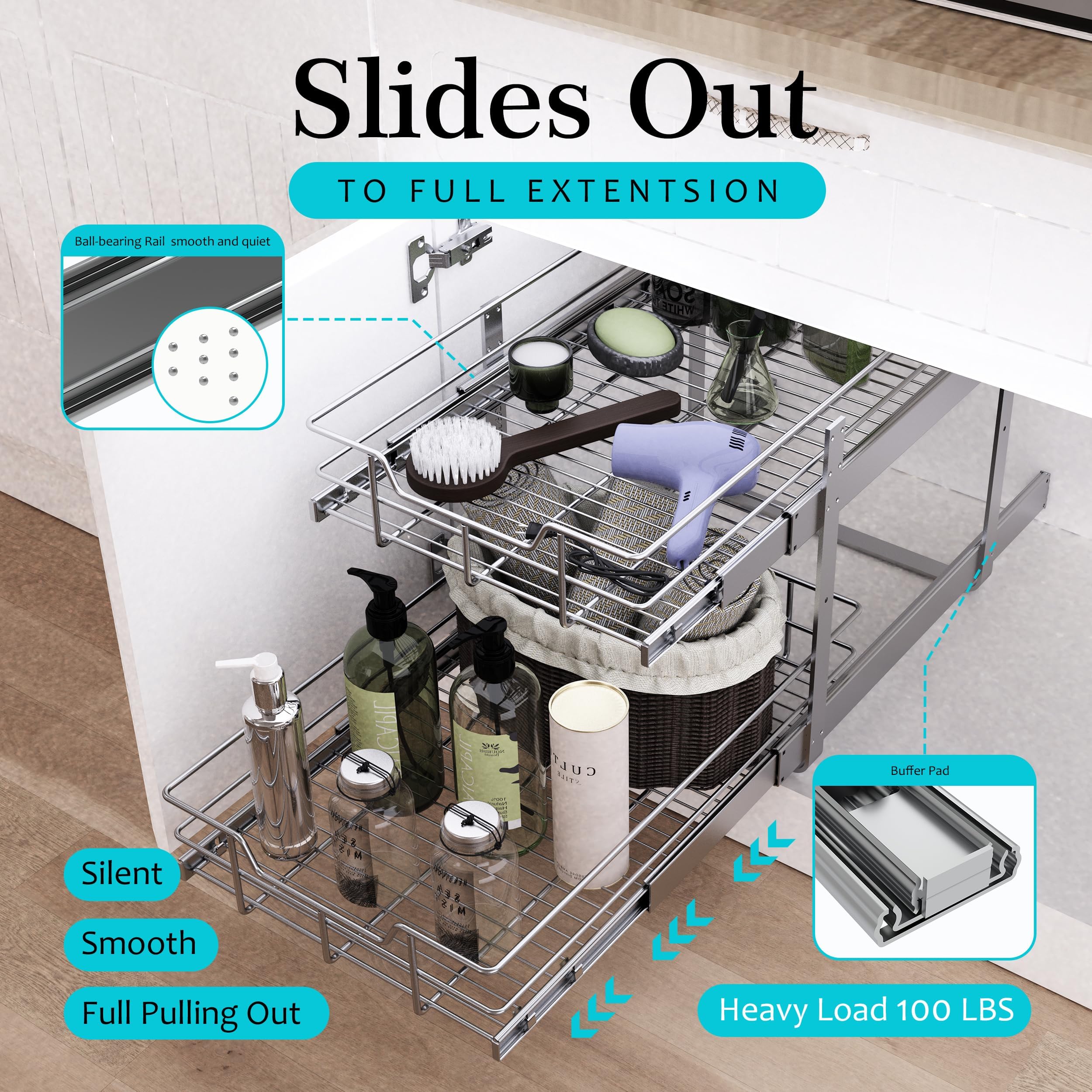 STORKING full-extension ball-bearing slides deliver sturdy, effortless reaching of heavy pots.