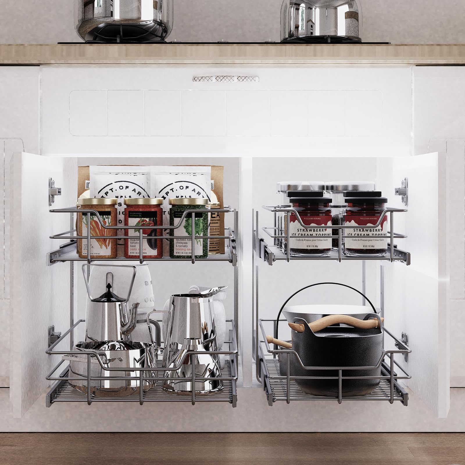 STORKING fits a 15-inch opening and 22-inch depth for many cabinets.