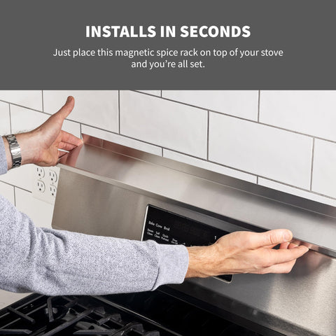 Stove Shelf condiments and oils are displayed for convenient meal prep.