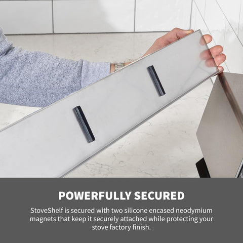 StoveShelf magnetic mount demonstrates no-installation benefit on a flat stove.