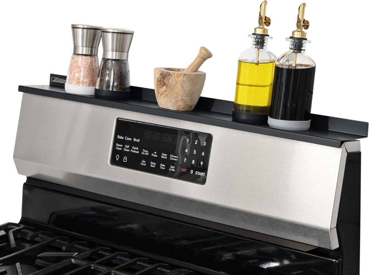 Stove Shelf 30-inch magnetic shelf on top view adds convenient spice storage above the stove