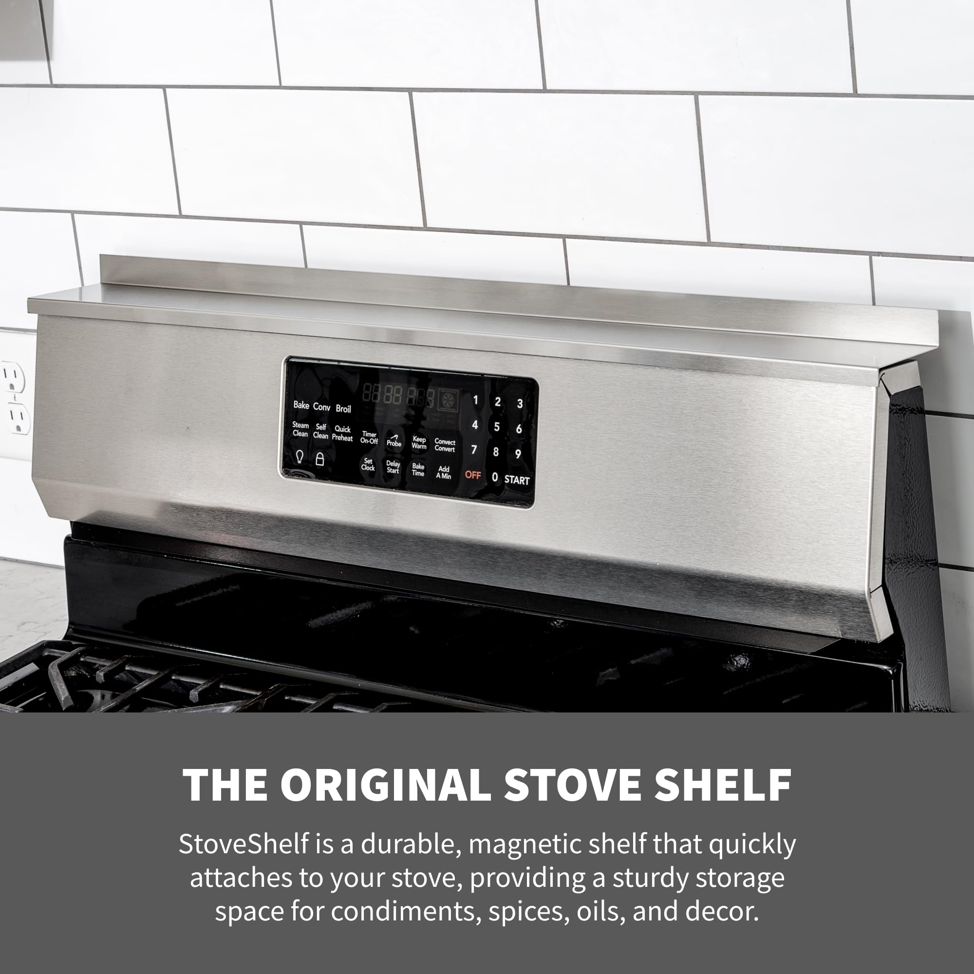 Stove Shelf magnetic shelf on stove closeup shows secure magnet placement