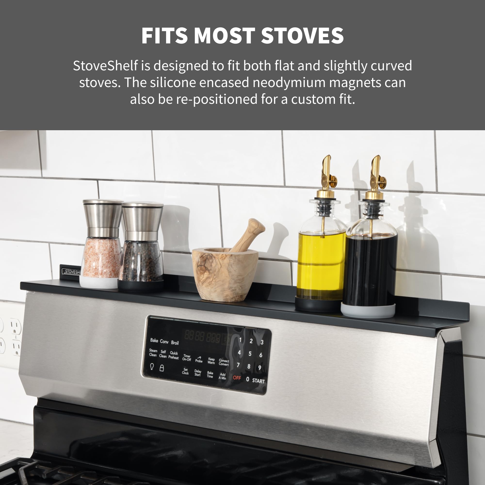 Stove Shelf zero-installation mounting eliminates wall damage concerns
