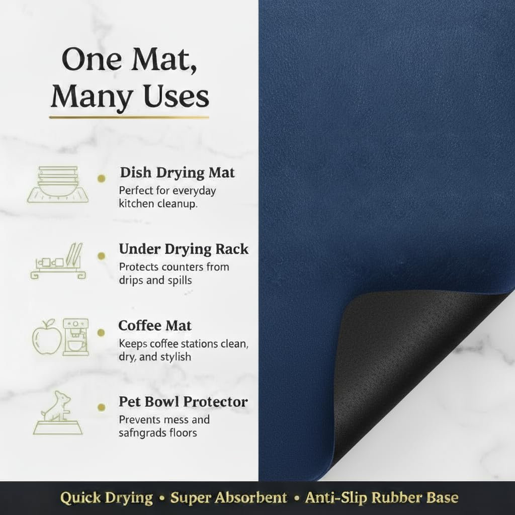 Strabella navy blue dish drying mat adds style while absorbing moisture