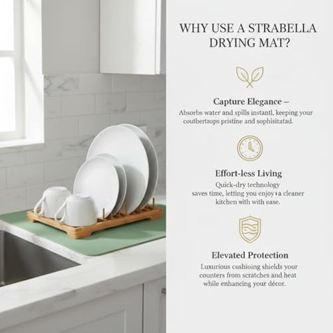 Strabella dish drying mat in sage color on kitchen counter
