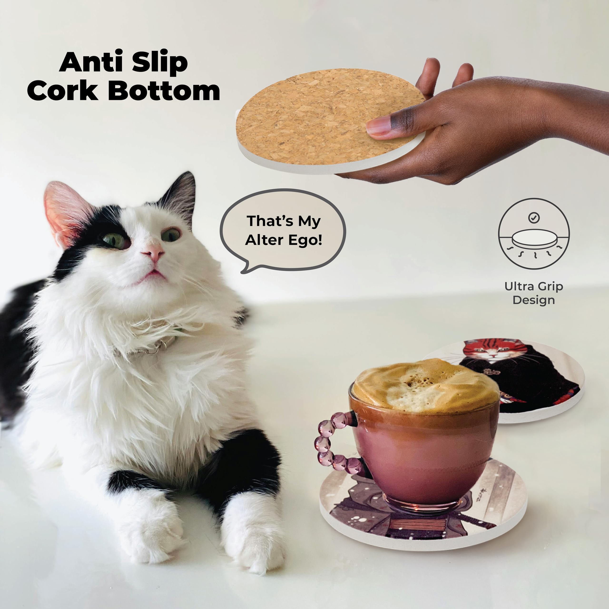 Straight Coastin Funny Cat Coasters brighten tables while protecting surfaces.