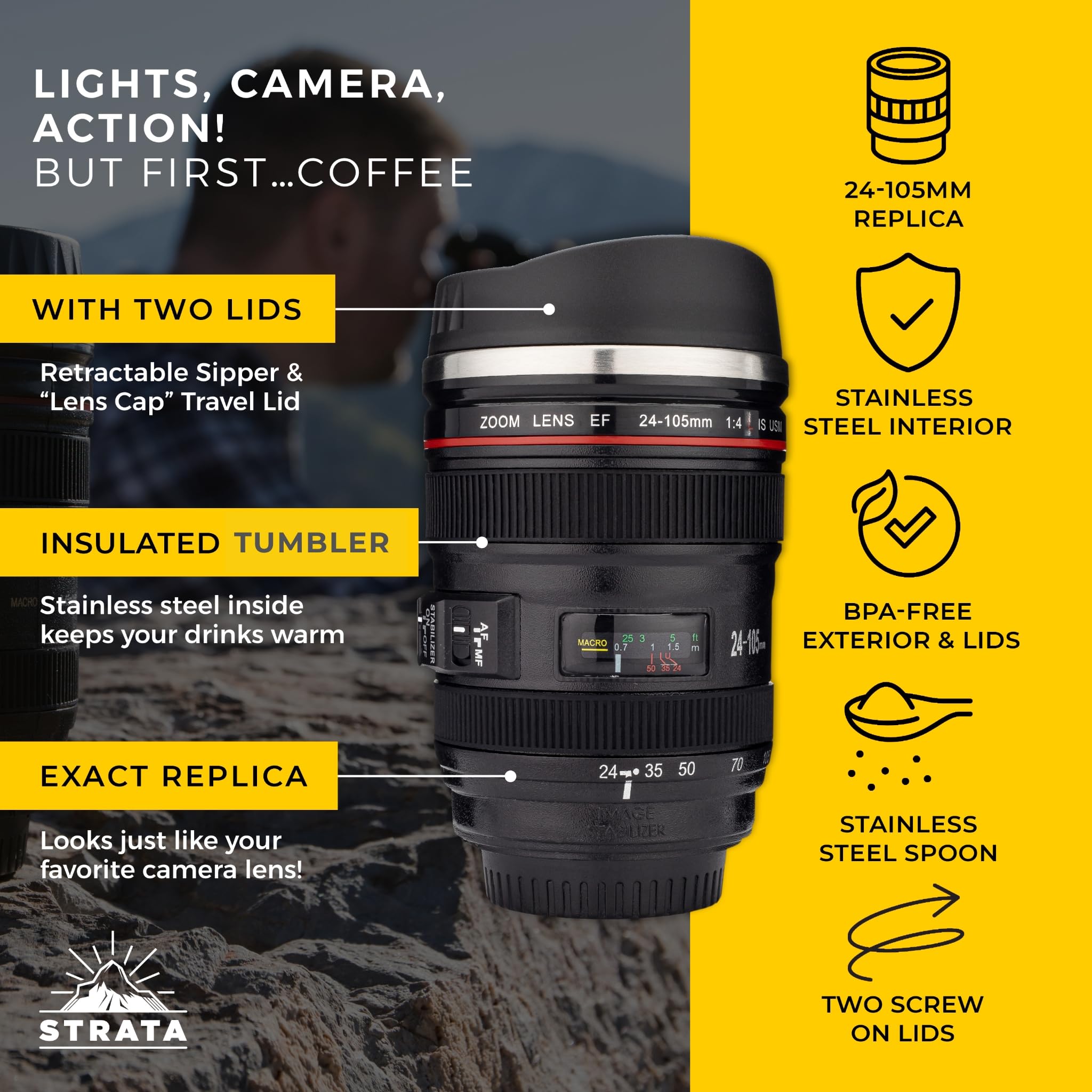 Included protective bag with STRATA CUPS Camera Lens Mug for travel