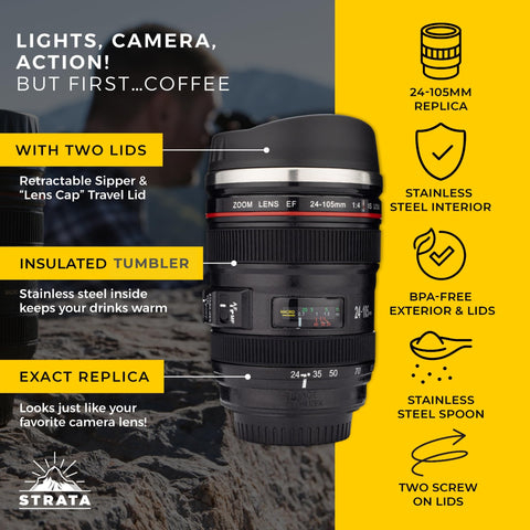Included protective bag with STRATA CUPS Camera Lens Mug for travel