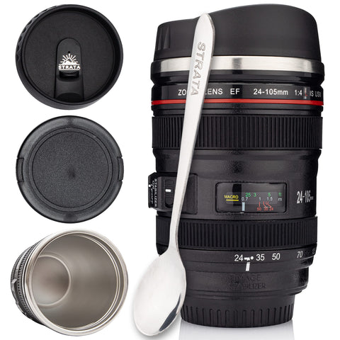 STRATA CUPS Camera Lens Mug front view shows the lens-style design and grip