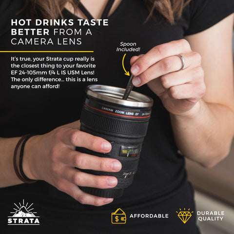 STRATA CUPS Camera Lens Mug held in hand for ergonomic use
