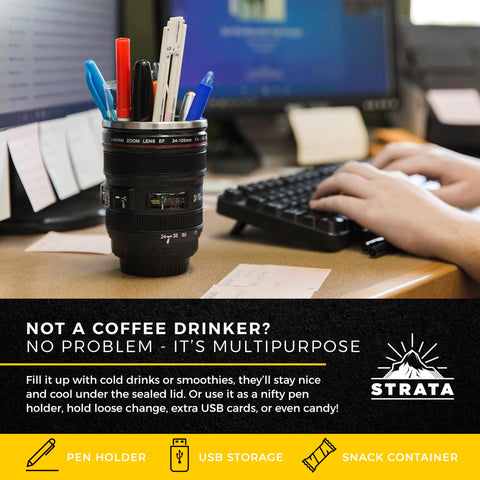 STRATA CUPS Camera Lens Mug on a desk as a stylish accessory