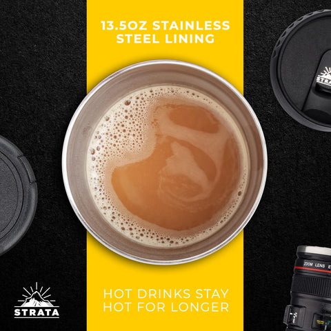 Two lids included with STRATA CUPS Camera Lens Mug for secure sealing
