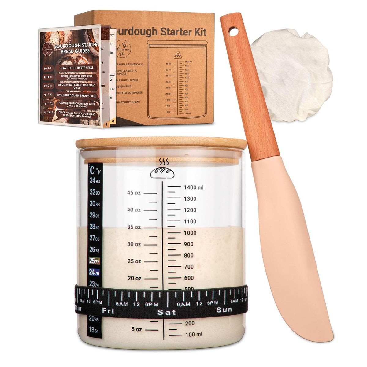 Strirumo Pro Sourdough starter jar 58oz with measurement marks for consistent batches.