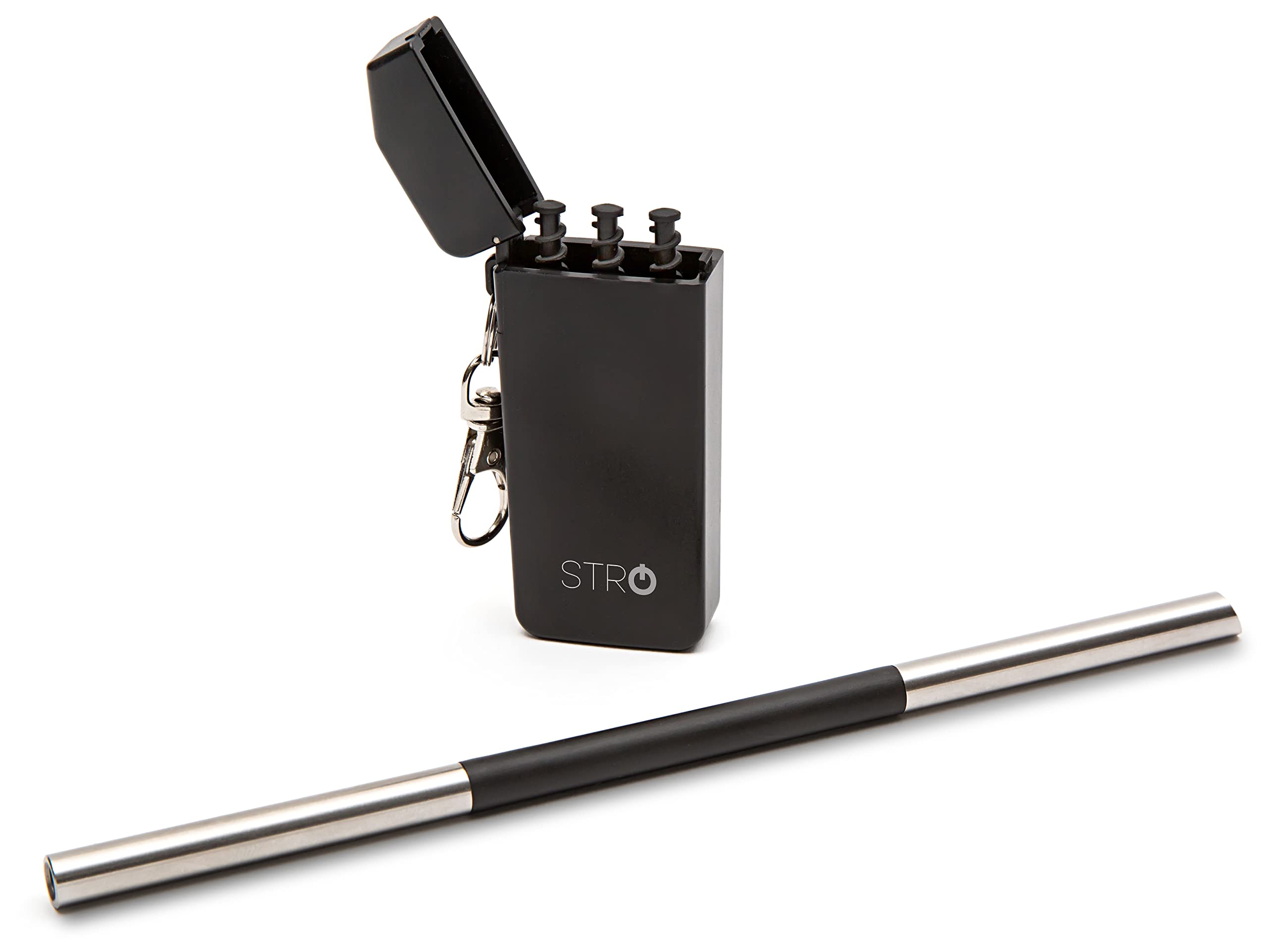 STRO portable stainless steel straw case shown for on-the-go use and travel.