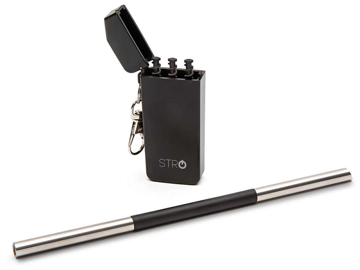 STRO portable stainless steel straw case shown for on-the-go use and travel.