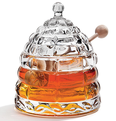 Studio Silversmiths crystal honey jar with beehive dipper, ideal for elegant breakfast service
