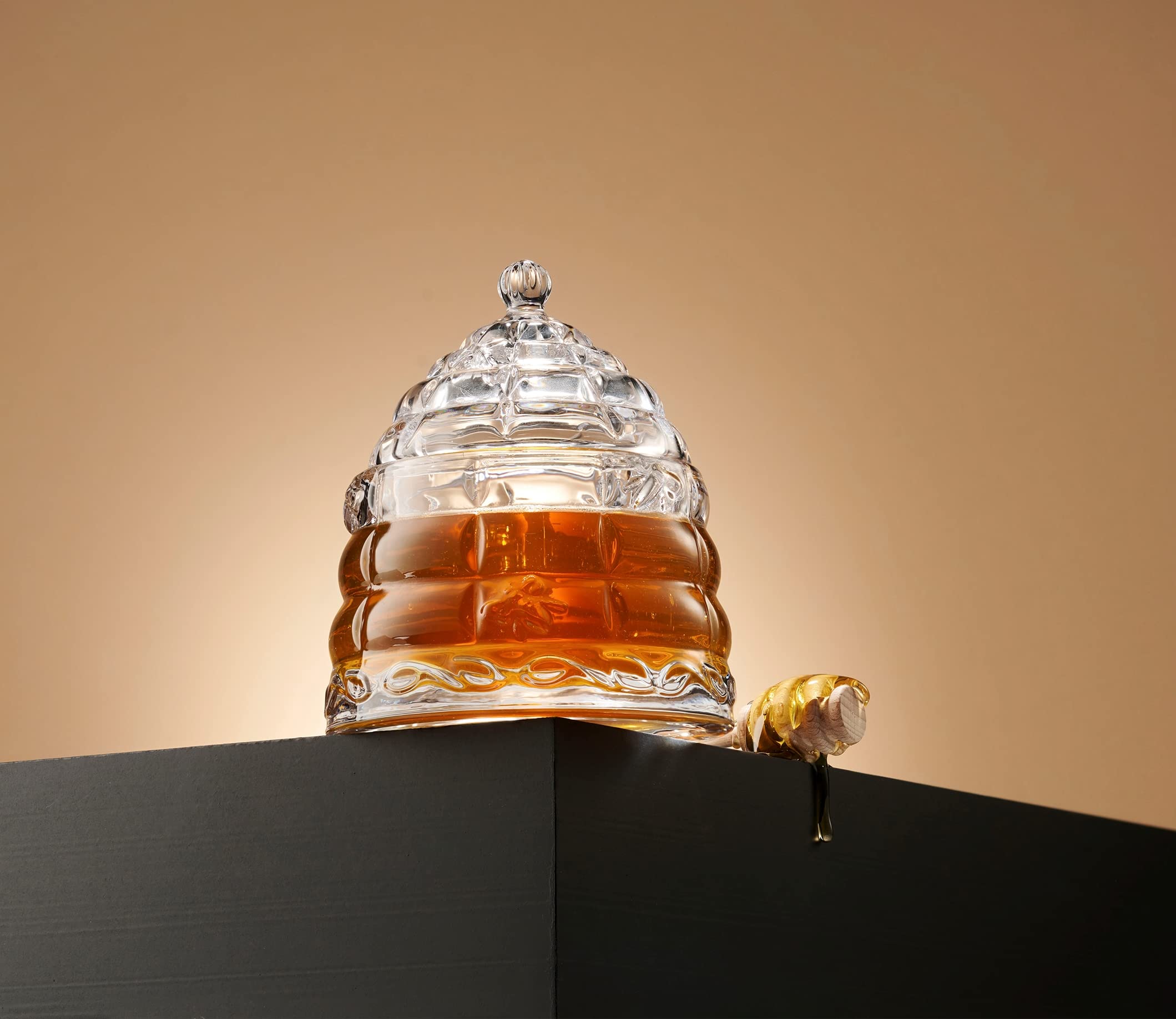 Studio Silversmiths honey jar beehive dish closeup showcases lead-free crystal clarity
