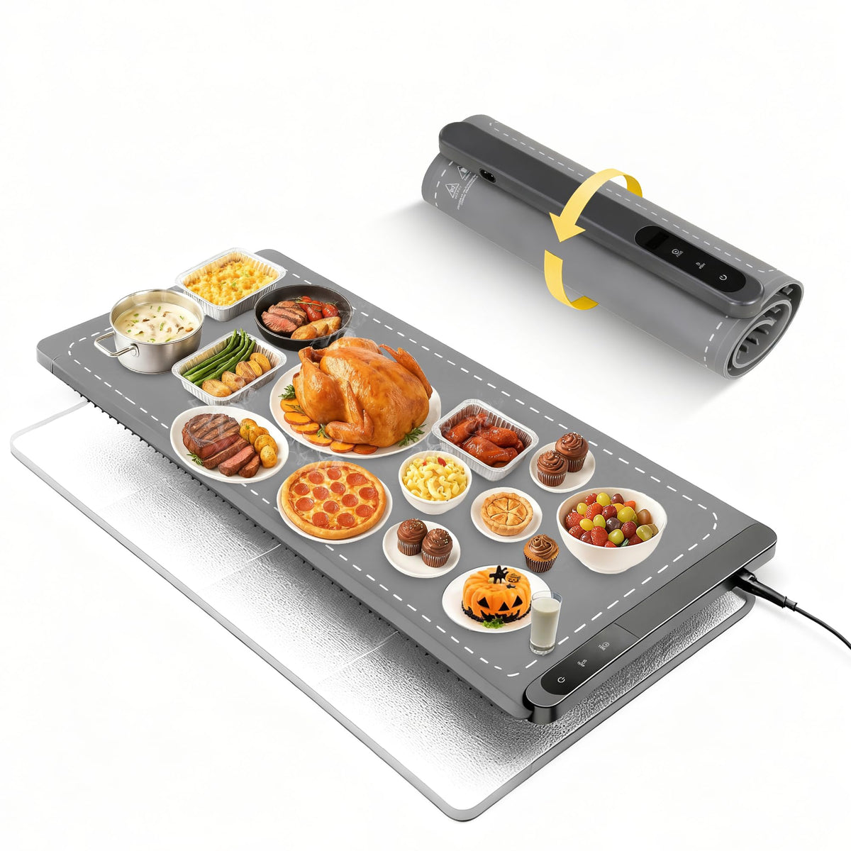 Sturdon extra-large warming mat on counter keeps multiple dishes hot