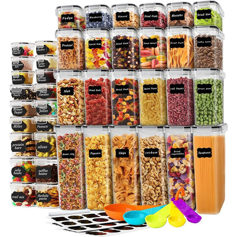 Stusgo 42-pack airtight containers stacked for organized pantry storage.