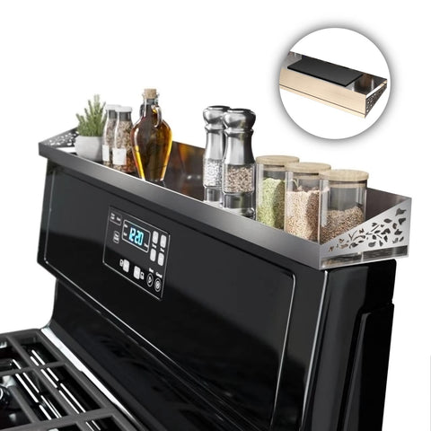 STUTOV 30in magnetic stove top shelf front view organizes spices for easy cooking.
