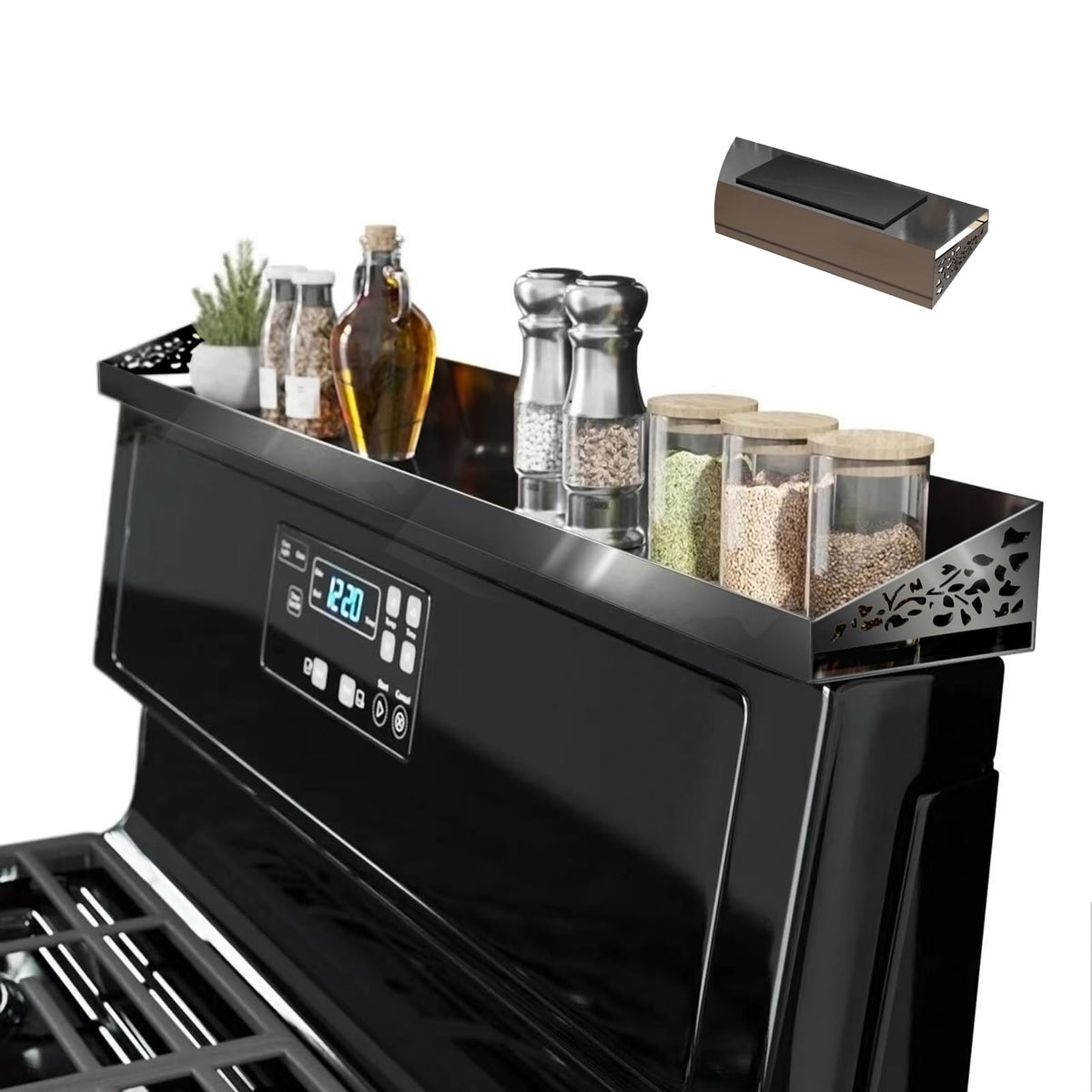 STUTOV 30inch magnetic stove top shelf securely holds spices for easy cooking access.