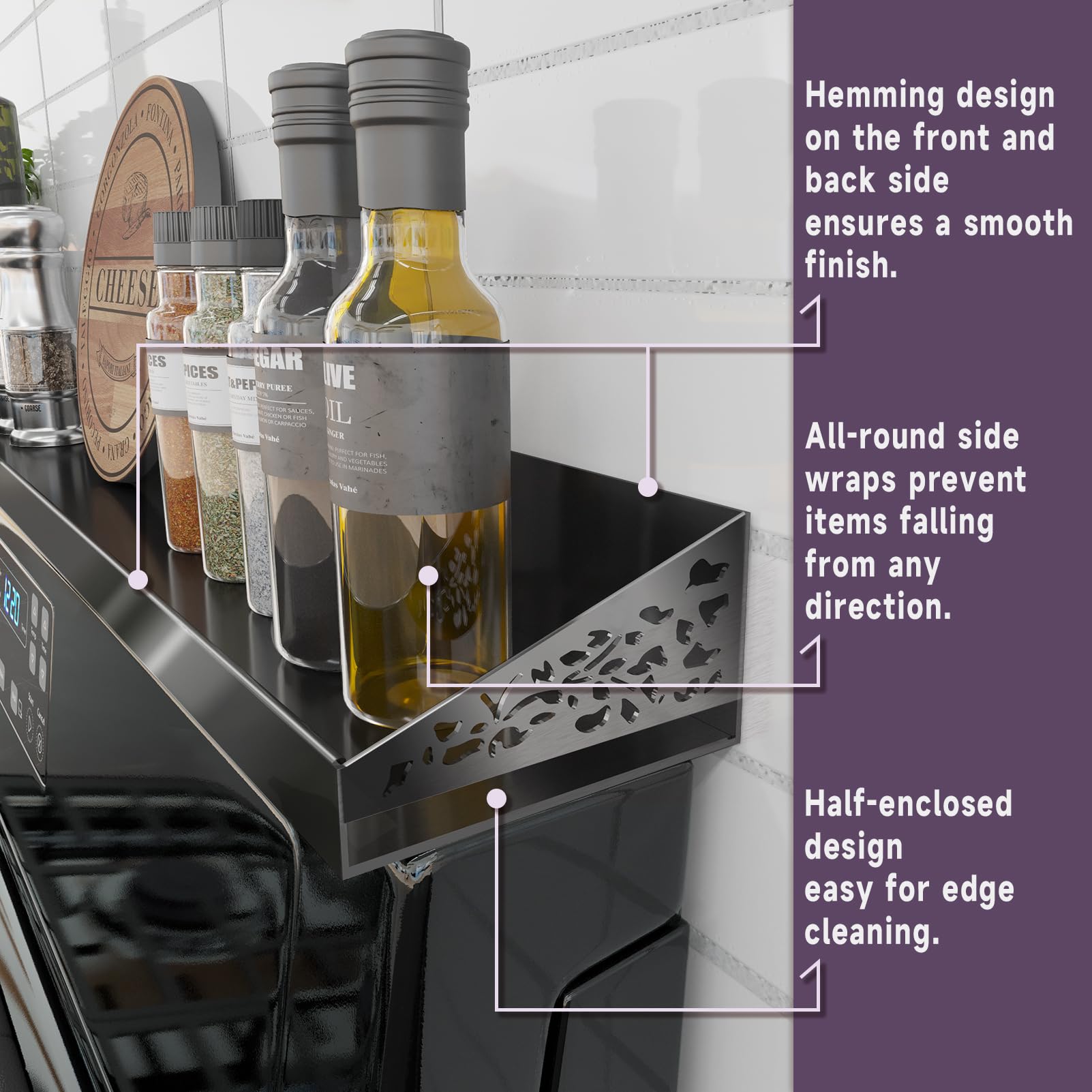 STUTOV over-stove storage keeps oils and spices within arm's reach.