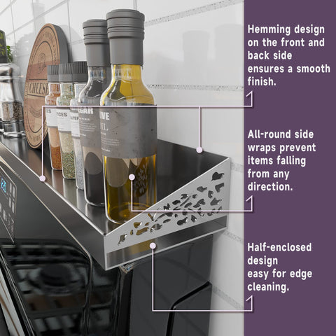 STUTOV stove top shelf adhesive pads installation demonstrates no-drill setup.