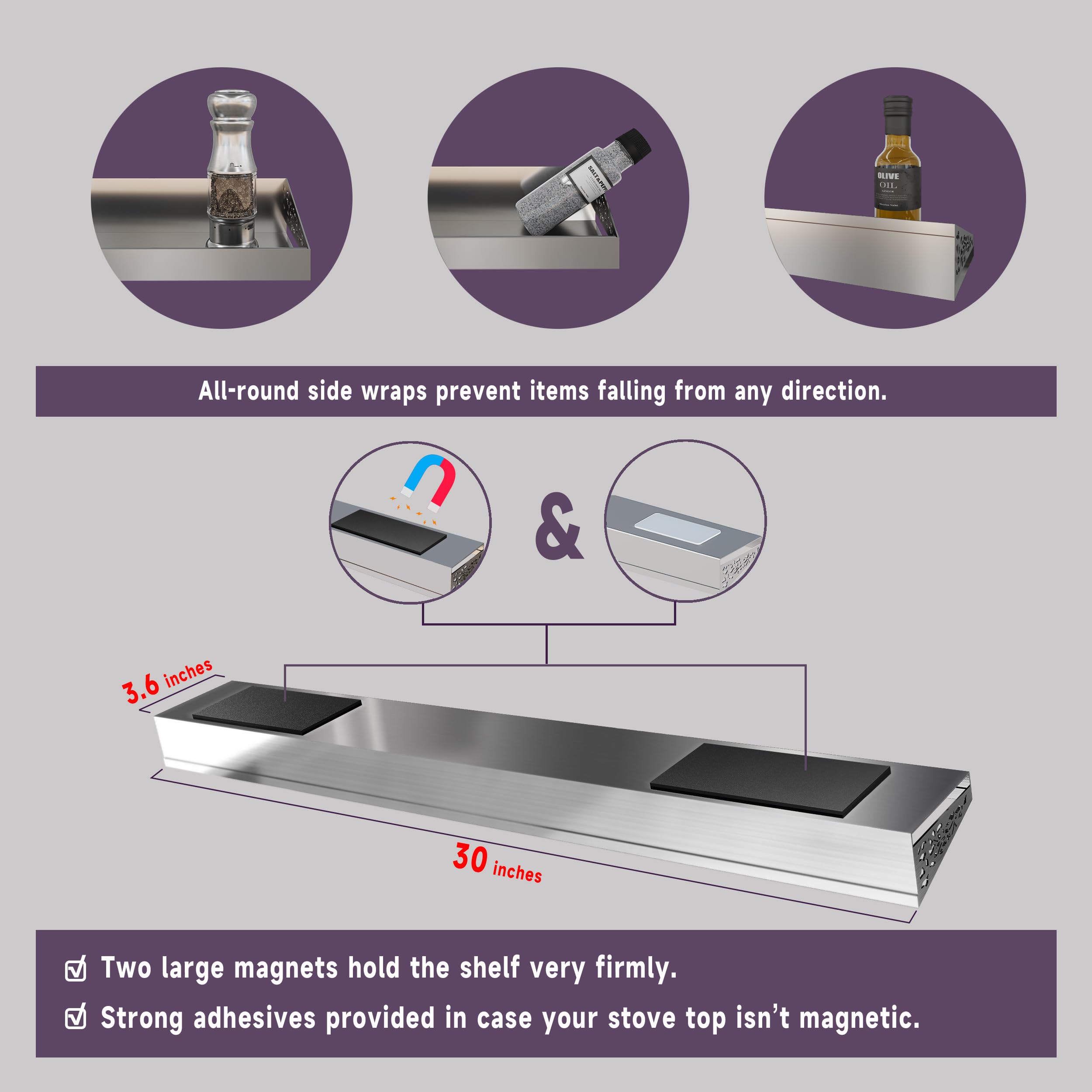 STUTOV stove top shelf side-wrap design prevents spills and falls.