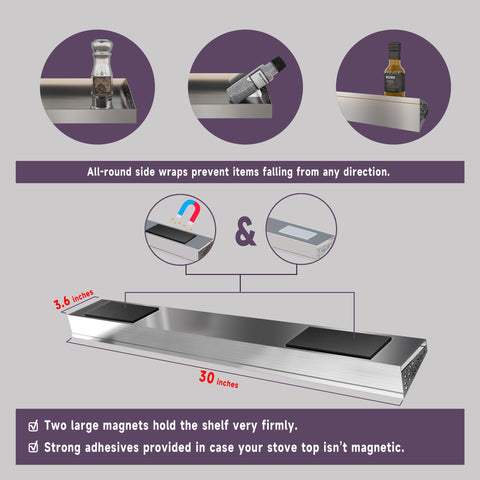 STUTOV stove top shelf side-wrap design prevents spills and falls.