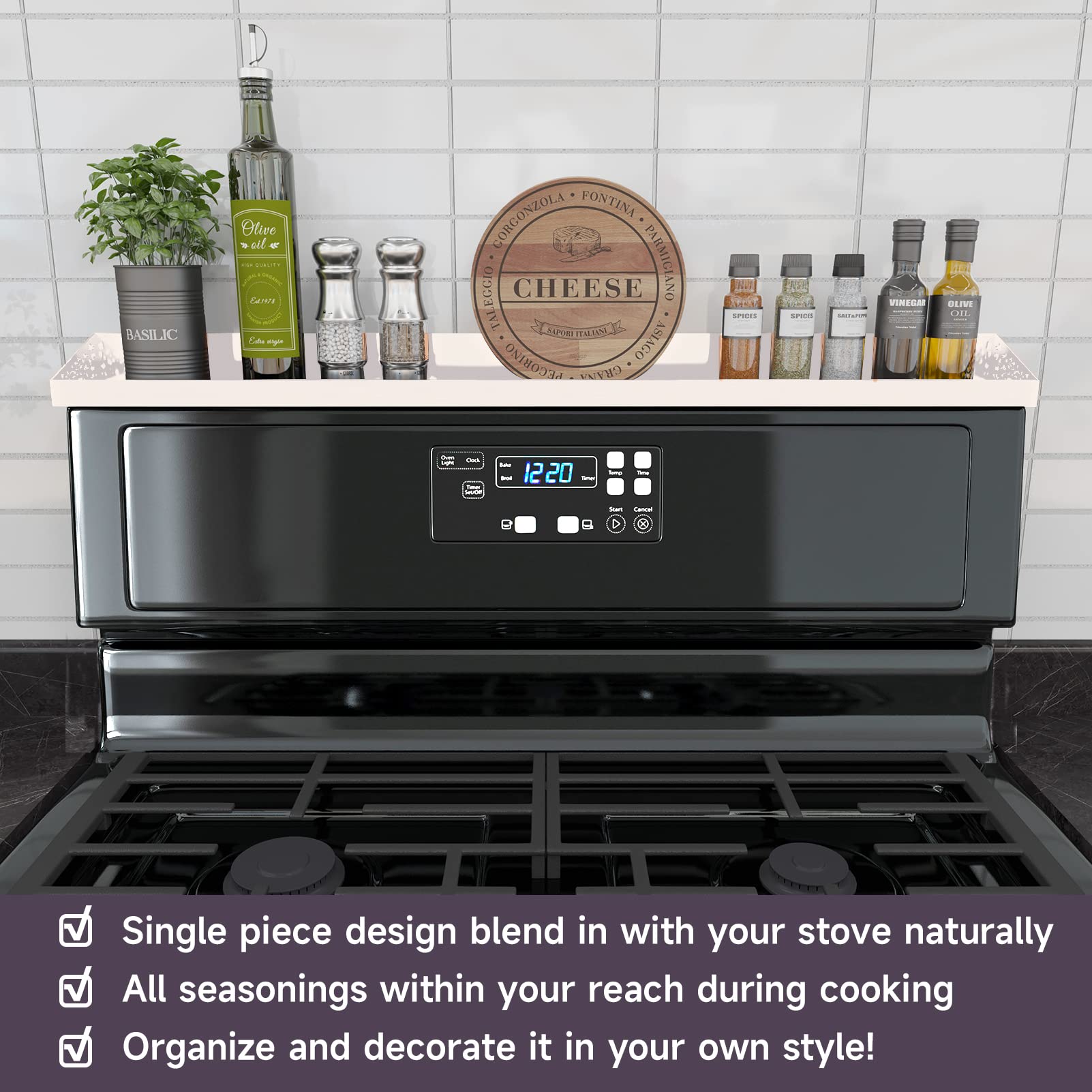 STUTOV white spice rack on the back of the stove keeps condiments organized