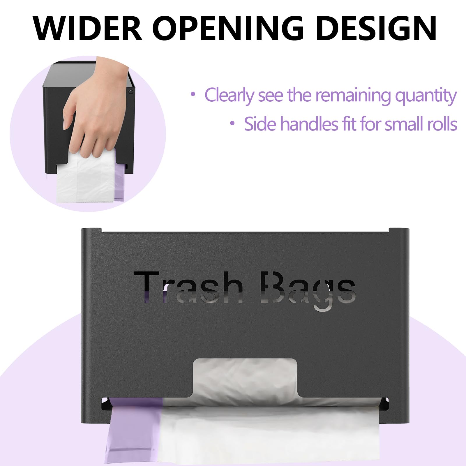 STWWO freestanding trash bag holder sits on the counter for easy access.