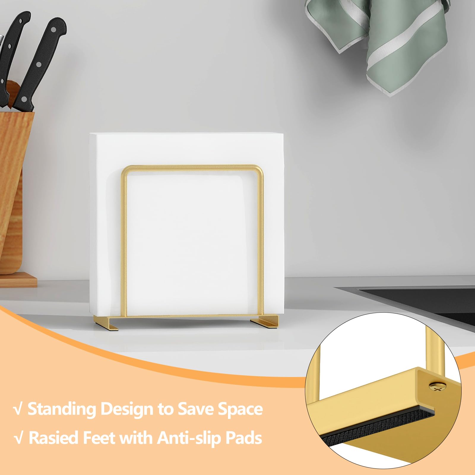 STWWO gold napkin holder features non-slip base protecting surfaces.