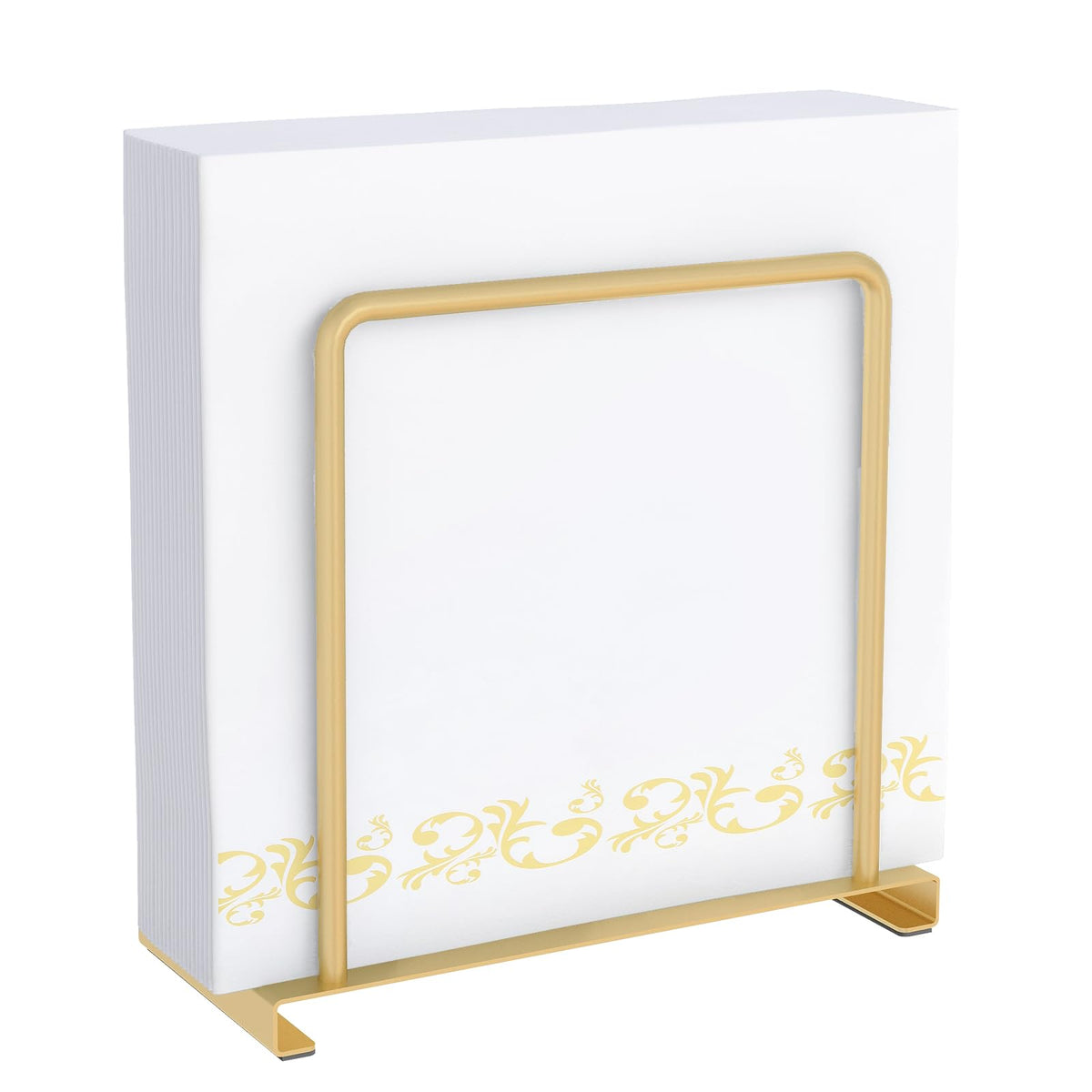 STWWO napkin holder on table with gold finish, saves space and quick napkin access.