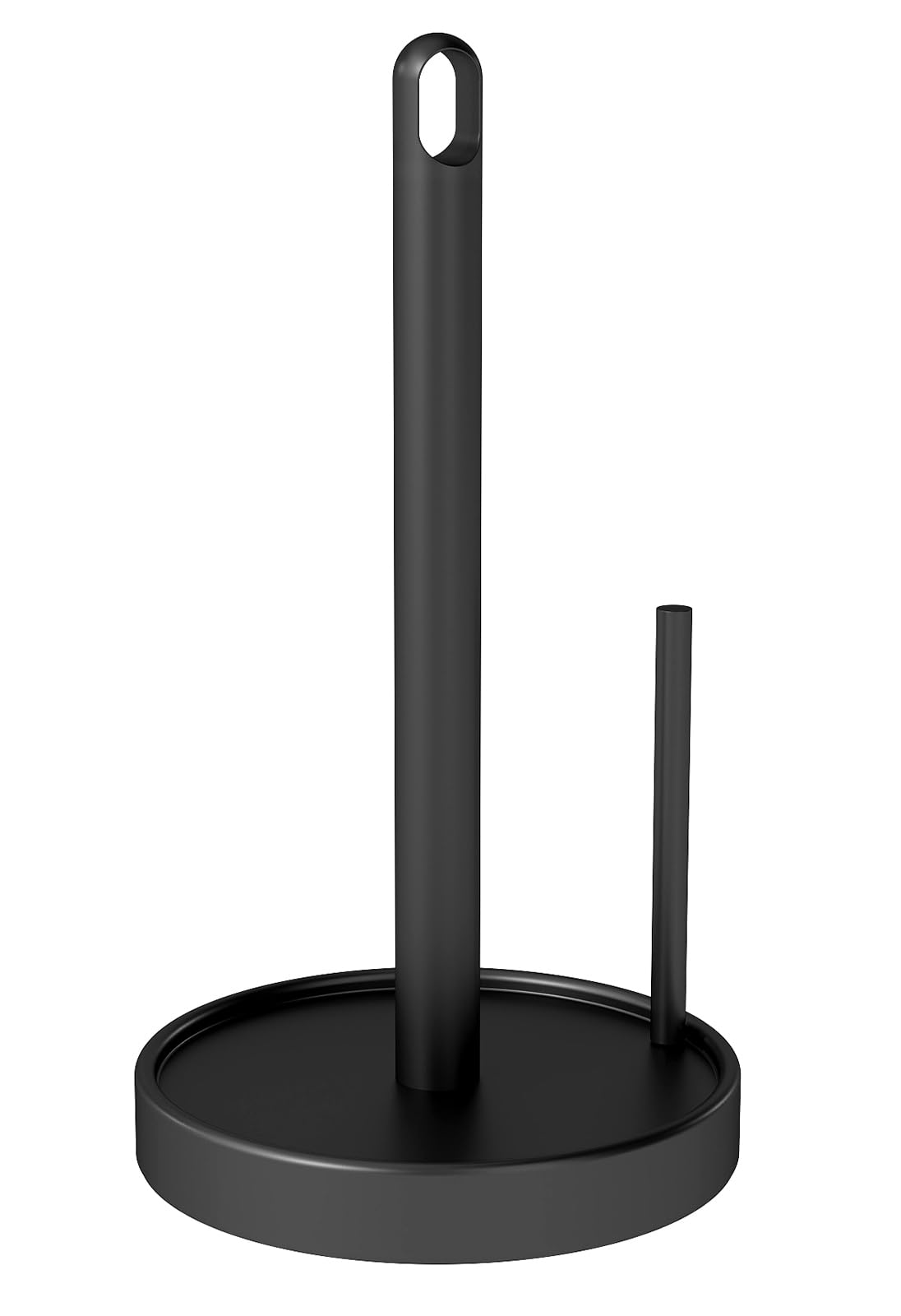 STWWO paper towel holder on countertop with a sleek black finish and sturdy stance