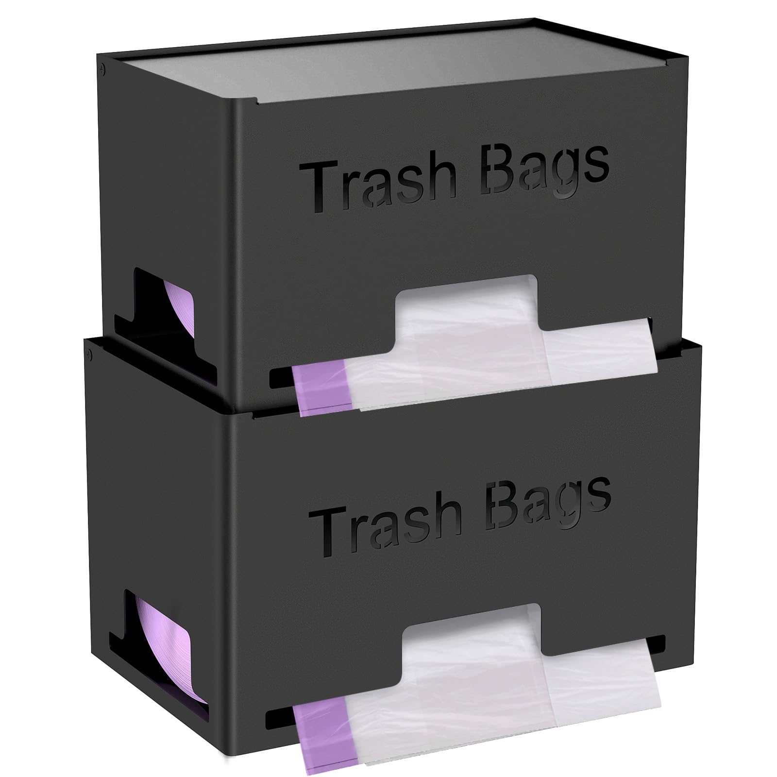 STWWO trash bag holder stackable dispenser with front access for quick changes.
