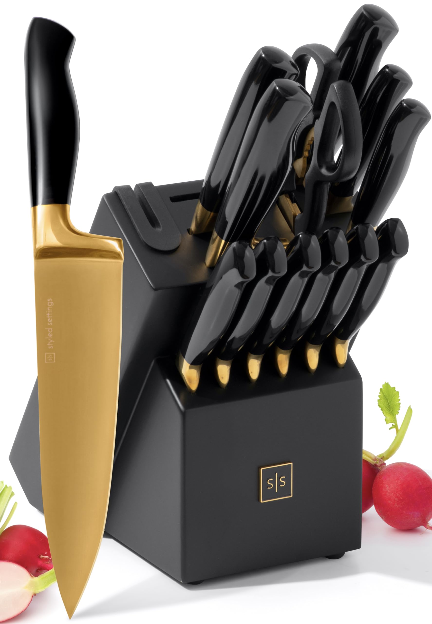 STYLED SETTINGS black-gold knife set displayed on a block for quick, elegant meal prep