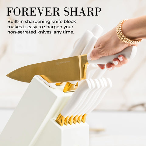 STYLED SETTINGS built-in sharpener in white block for easy edge maintenance